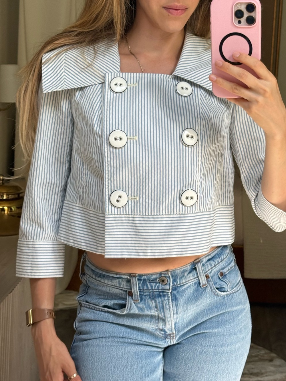 Daughters of the Liberation Striped Cropped Nautical Jacket Double-Breasted